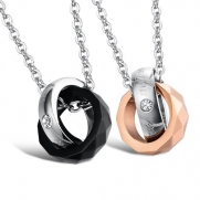 3Aries Fashion Black Titanium Stainless Steel My Only Love Bicyclic Ring w/ Cz Stone Men Pendant Couple Necklaces