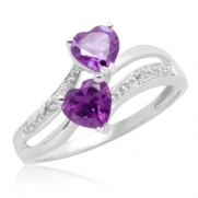 10k White Gold Double Heart-Shaped Amethyst with Diamond Heart Ring, Size 8