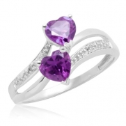 10k White Gold Double Heart-Shaped Amethyst with Diamond Heart Ring, Size 10