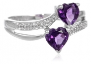 10k White Gold Double Heart-Shaped Amethyst with Diamond Heart Ring, Size 6