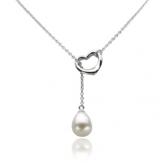 Heart Shape Love Lariat Necklace Sterling Silver 10.5-11mm White Freshwater Pearl High Luster, 21 Length.