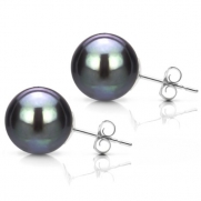14k White Gold 8-9mm Round Black South Sea Tahitian Pearl High Luster Stud Earring.