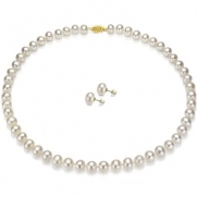 14k Yellow Gold 5-5.5mm Genuine White Round Akoya Pearl High Luster Necklace 18 With Matching Earring Jewelry Set.