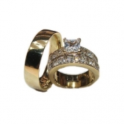 His & Hers Yellow Gold Plated Princess Cut Wedding & Engagement Ring Set Stainless Steel & Titanium (Womens 5-10) (Mens 7-13) Please Email Your Sizes After the Sale.