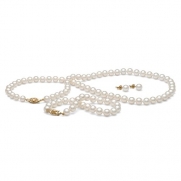 AAA Quality, 6.5-7.0 mm, White Freshwater Pearl Set, 18-inch Necklace, 7.5-inch Bracelet, Earrings, 14k Yellow Gold