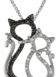 XPY Sterling Silver Black and White Cat Couple Diamond Pendant Necklace, 18