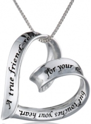 Sterling Silver A True Friend Reaches For Your Hand But Touches Your Heart Ribbon Heart Pendant Necklace, 18