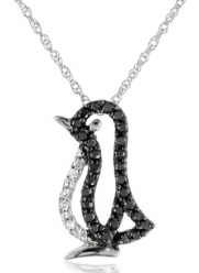 XPY 14k White Gold Black and White Diamond Penguin Pendant Necklace (.15cttw, Black Diamonds and I-J Color, I2-I3 Clarity), 18