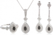 Sterling Silver Black and White Diamond Ring (size 7), Pendant Necklace and Earrings Box Set (1/4 cttw, I-J Color, I3 Clarity)