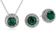 Sterling Silver and Green and White Swarovski Crystal Round Stud Earrings and Pendant Necklace Jewelry Set