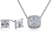 Sterling Silver Cubic Zirconia Cushion Cut Pendant Necklace and Earrings Set