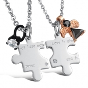 3Aries Fashion Silver Titanium Stainless Steel ays here now;ever Love Puzzle w/ Rhinestone Black Stone Ring Men Pendant Couple Necklaces