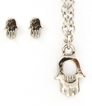 Mini Silver Hamsa Pendant Necklace and Earring Set Fashion Jewelry