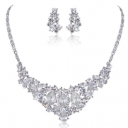 Bridal Silver-Tone Flower Teardrop Earrings Necklace Set with Clear Swarovski Elements Crystal