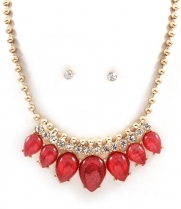 Gorgeous Gold Beaded with Clear Crystals and Red Teardrop Jewels Necklace and Earring Set Fashion Jewelry