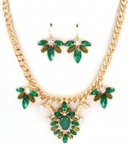 Gold with Emerald and Olive Green and Clear Crystals Necklace and Earring Set Fashion Jewelry