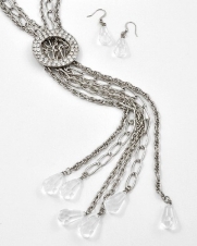Silver with Clear Rhinestones Multi Strands Rope Style Drape with Jewel Charms Necklace and Earring Set Fashion Jewelry