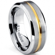 Men's Gold Plated Grooved Titanium Wedding Band Ring, Comfort fit 8mm, Size 7