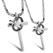 3Aries Fashion Silver Titanium Stainless Steel Deep Love Bicyclic Rings w/ Cz Stone Creative Cross Women Couple Pendant Necklaces