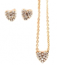 Gold with Clear Crystals Pave Mini Heart Pendant Necklace and Earring Set