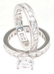 Solitaire Cubic Zirconia CZ Wedding and Engagement Ring Set in Sterling Silver, size 8
