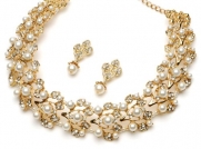 USABride Gold Jewelry Set, Simulated Pearl & Rhinestone Choker & Earrings 1256 G