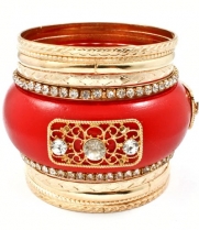 Chunky Red Wooden with Gold and Clear Crystals Set of 11 Bangles Bracelet