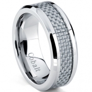 Cobalt Chrome Men's Wedding Ring With White Carbon Fiber Inlay, Comfort Fit Band 8mm, Size 7