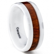 Faceted White Ceramic Men's Wedding Band Engagement Ring With Hawaiian Koa Wood Inaly, 8mm Size 8