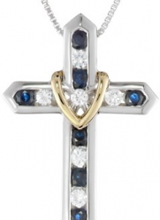 XPY Sterling Silver and 14k Yellow Gold Blue and White Sapphire Cross Your Heart Pendant Necklace, 18