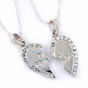 Mini Silver with Clear Crystal Rhinestones Best Friends Pendants Necklace Set of 2 Fashion Jewelry