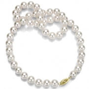 14k Yellow Gold 7-7.5mm White Round Genuine Japanese Saltwater Akoya Pearl High Luster Necklace 18