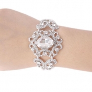 Wedding Silver-Tone Oval Flower Pattern Bracelet Clear Austrian Crystal A09038-2
