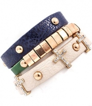 Set of 3 Beige Navy Blue and Green Stackable Cross Studded Button Leather Band Bracelets Fashion Jewelry