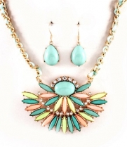 Multi Colored Mint with Clear Crystals Fan Style Statement Necklace and Earring Set