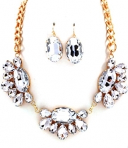 Gold with Clear Jewels Flower Statement Necklace and Earring Set