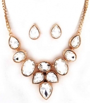 Gold with Clear Jewels Teardrop Statement Necklace and Earring Set