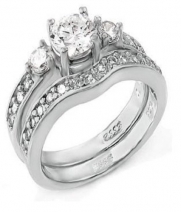 Platinum Plated Three Stone Silver Wedding Ring Set for Her Size 6