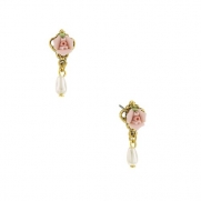 1928 Jewelry Porcelain Rose Simulated Pearl Flower Earrings