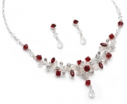 USABride Red Floral Crystal Necklace & Earring Jewelry Set 579 R