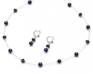 USABride Navy Blue Delicate Simulated Pearl & Crystal Bridal Necklace & Earring Jewelry Set 1366 N