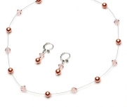 Peach Delicate Pearl & Crystal Bridal Necklace & Earring Jewelry Set 1366 PC