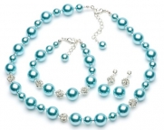USABride Lustrous Aqua Simulated Pearl & Rhinestone 3-Piece Necklace, Earrings & Bracelet 1360 AQ