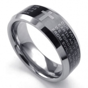 KONOV Jewelry Mens Tungsten Ring, 8mm Cross English Lords Prayer Band, Black Silver, Size 7