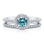 BERRICLE CZ Simulated Aquamarine 925 Silver 2-Pc Halo Wedding Ring Set 0.46 ct.tw Size 7