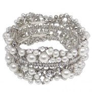 EVER FAITH Bridal Silver-Tone Flower Simulated Pearl Stretch Bracelet Clear Austrian Crystal N01352-1