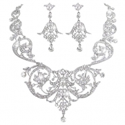EVER FAITH Bridal Silver-Tone Art Deco Flower Leaf Necklace Earrings Set Clear Austrian Crystal A06232-1