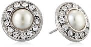1928 Jewelry Bridal Crystal Silver-Tone Crystal and Simulated Pearl Button Stud Earrings