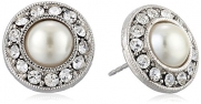 1928 Jewelry Bridal Crystal Silver-Tone Crystal and Simulated Pearl Button Stud Earrings