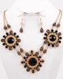 Gold with Black and Gray Teardrop Rhinestones and Jewel Flower Necklace and Earring Set Fashion Jewelry